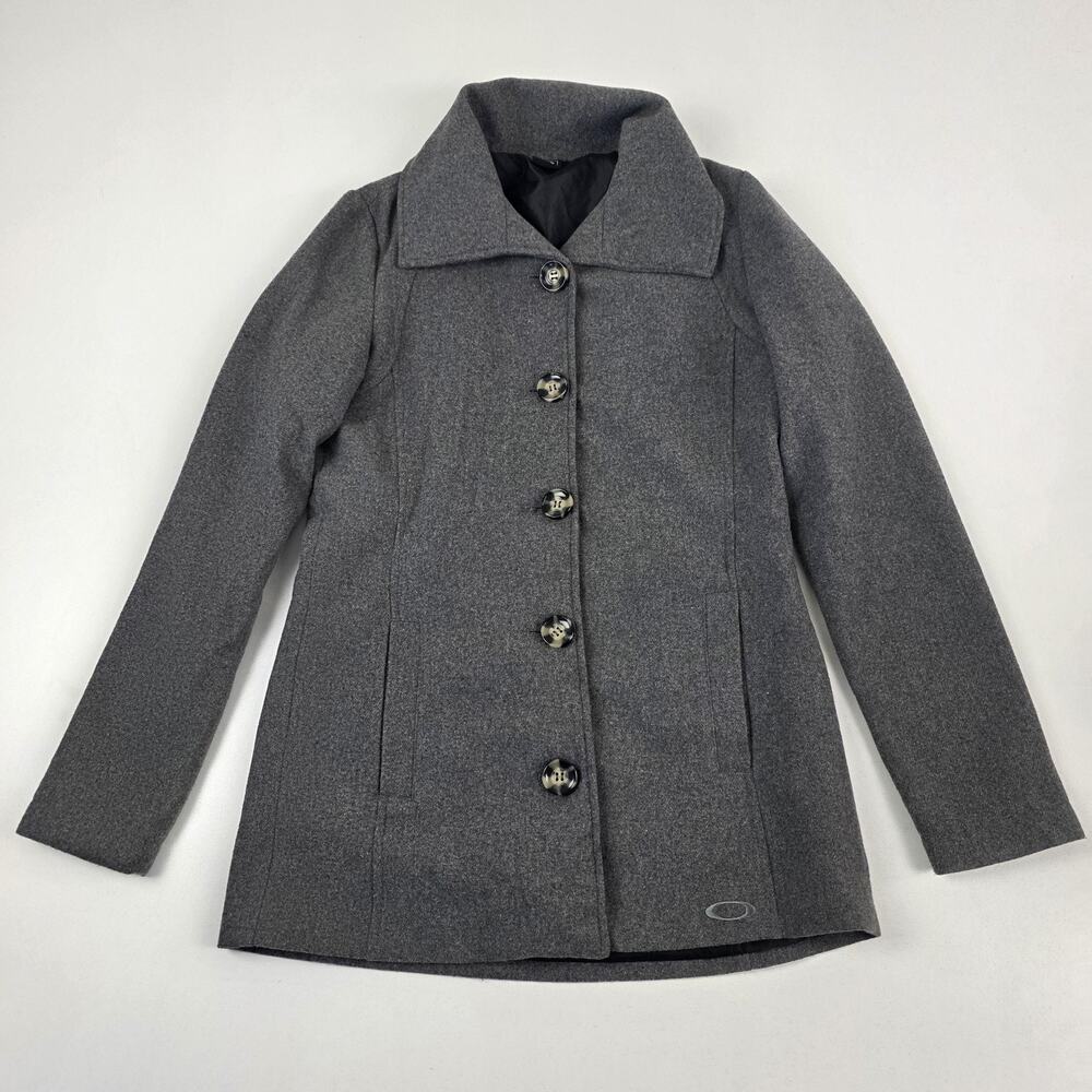 VTG Y2K Goth Oakley Coat Womens XS Gray Wool Blend Button Front Lined Mid Length